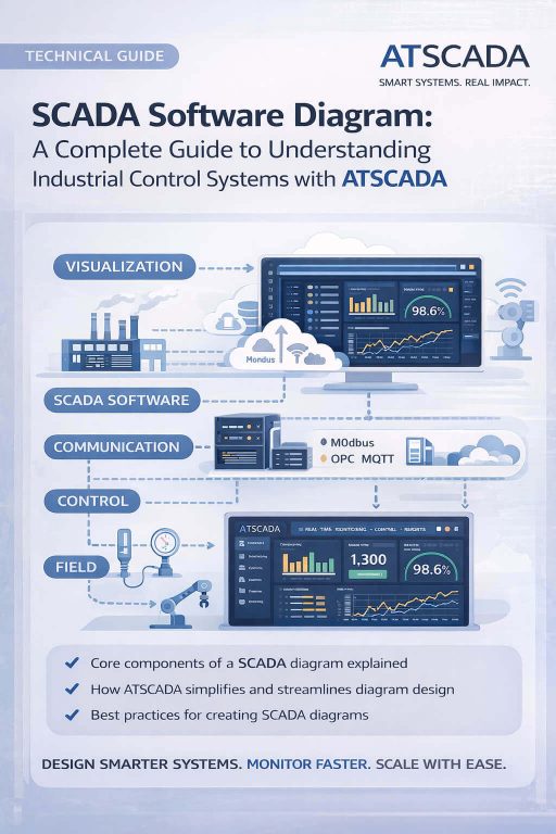 scada software diagram showing industrial control system architecture with ATSCADA including field devices, control layer, communication, and visualization