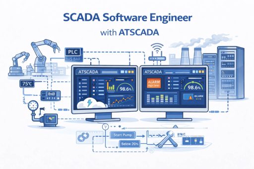 Scada software engineer system with ATSCADA showing industrial automation dashboard, PLC communication, and real-time monitoring