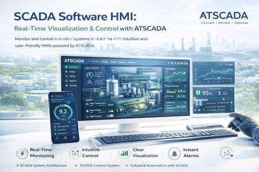 scada software hmi dashboard with ATSCADA showing real-time industrial monitoring, control interface, and data visualization system