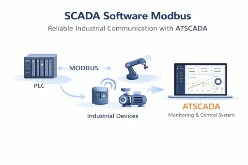 SCADA software Modbus diagram showing PLC, industrial devices and ATSCADA monitoring system for industrial communication