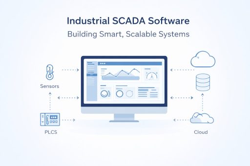 industrial scada software plc system architecture with sensors plc devices and cloud integration dashboard