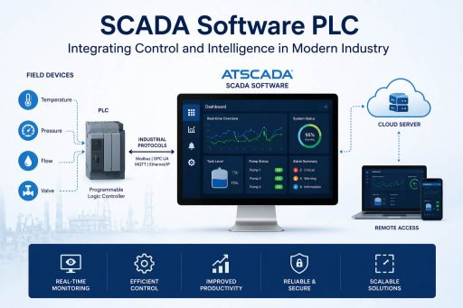 scada software plc system architecture showing plc integration with sensors cloud and real-time monitoring dashboard