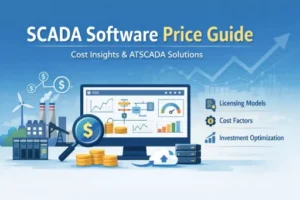 SCADA software price guide illustration showing industrial system dashboard, cost analysis, and ATSCADA solution overview