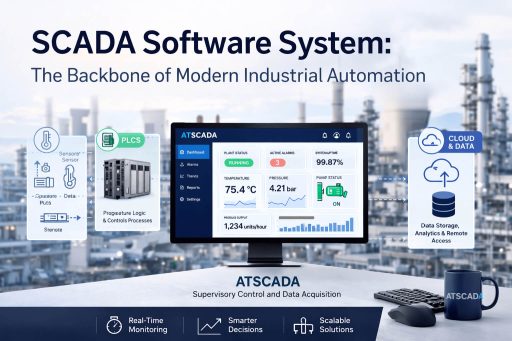 scada software system architecture with plc sensors cloud integration and real-time industrial monitoring dashboard