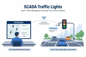 SCADA traffic lights system with ATSCADA dashboard showing real-time smart traffic management and automated signal control