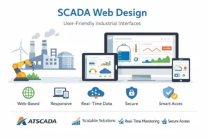SCADA Web Design interface showing real-time industrial dashboard on desktop, tablet and mobile with ATSCADA system