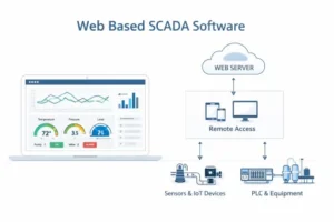 Web Based SCADA Software dashboard with real-time monitoring, cloud connection, IoT devices and remote access interface