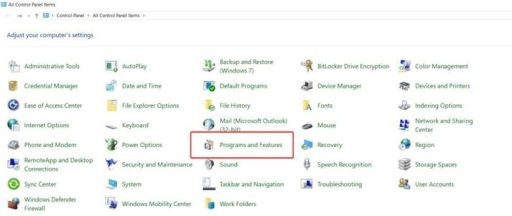 Windows Control Panel All Control Panel Items with Programs and Features highlighted