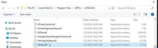 Windows Open file dialog in C Program Files ATPro ATSCADA folder showing iDriver.dll selected among ATSCADA DLL files for importing into Visual Studio Toolbox.