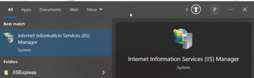 Windows search showing Internet Information Services IIS Manager app selected