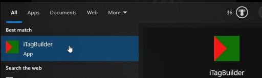 Windows search results showing iTagBuilder application selected for opening the ATSCADA tag configuration tool