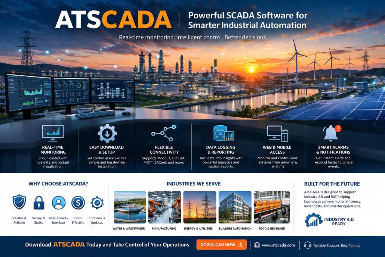 The image depicts SCADA Software Download for ATSCADA, featuring industrial automation monitoring and Industry 4.0 solutions