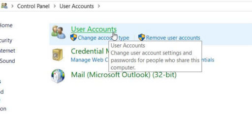 Windows Control Panel User Accounts page showing the Change account type option