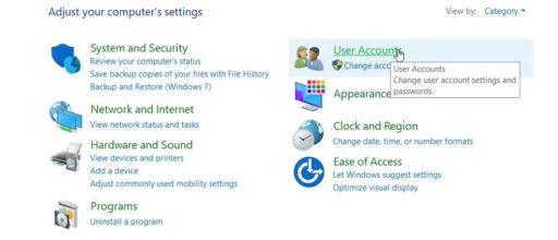 Windows Control Panel showing the User Accounts section for changing user account and UAC settings
