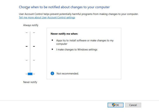 Windows User Account Control Settings window showing the UAC slider set to Never notify