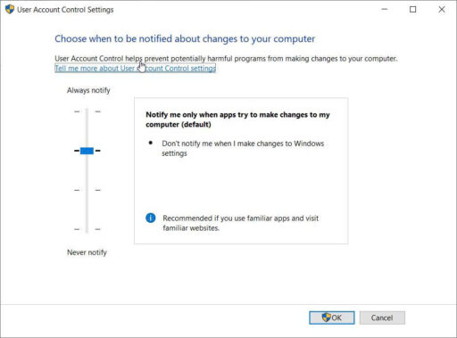Windows User Account Control Settings window showing the default UAC security slider level