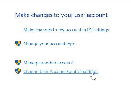 Windows User Accounts page showing the Change User Account Control settings option