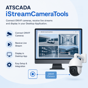 ATSCADA iStreamCameraTools interface for connecting ONVIF cameras and displaying live RTSP video streams in a Windows desktop application