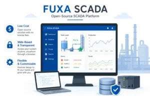 FUXA SCADA open-source platform dashboard for industrial monitoring, web-based visualization, real-time data management, and lightweight automation projects.