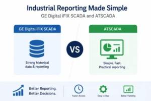 Industrial reporting software comparison showing GE Digital iFIX SCADA historical reporting capabilities and ATSCADA simplified industrial reporting dashboards for manufacturing and factory monitoring.
