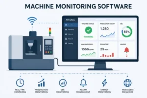 Machine Monitoring Software dashboard showing real-time machine status, production monitoring, OEE tracking, alarm management, energy monitoring, and web-based industrial equipment monitoring.