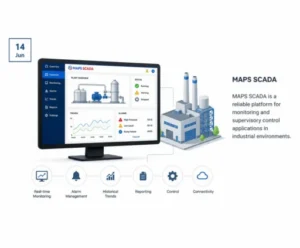 MAPS SCADA industrial monitoring and supervisory control platform with real-time dashboard, alarm management, reporting, and factory monitoring interface.