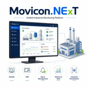 Movicon.NExT industrial monitoring platform with SCADA, HMI, alarm management, historical data, and industrial visualization