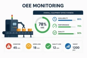 OEE Monitoring dashboard showing Availability, Performance, Quality metrics and overall equipment effectiveness for manufacturing productivity improvement.