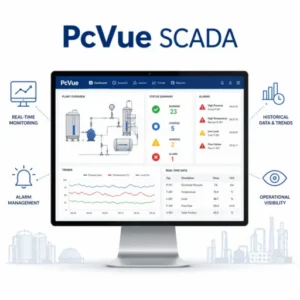 PcVue SCADA industrial monitoring interface with real-time dashboard, alarms, historical data trends, and operational visibility.