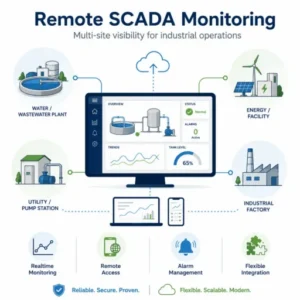 Remote SCADA monitoring dashboard for multi-site industrial operations with realtime access and alarm management